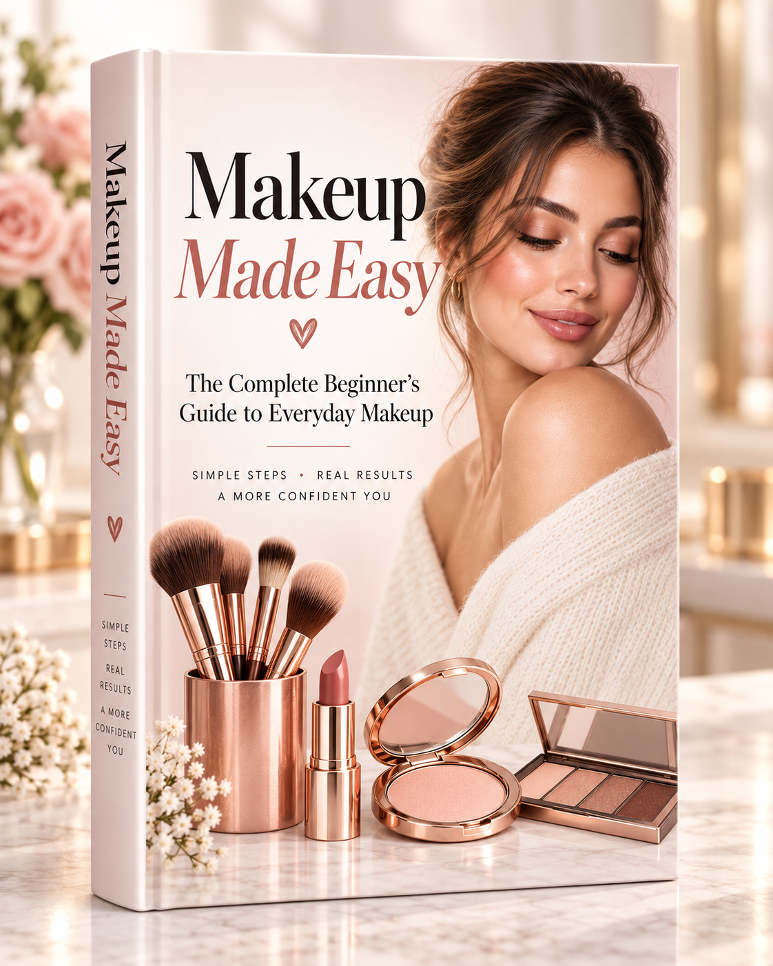 Makeup Made Easy ebook cover showing a woman with natural everyday makeup, rose-gold brushes, lipstick and an eyeshadow palette